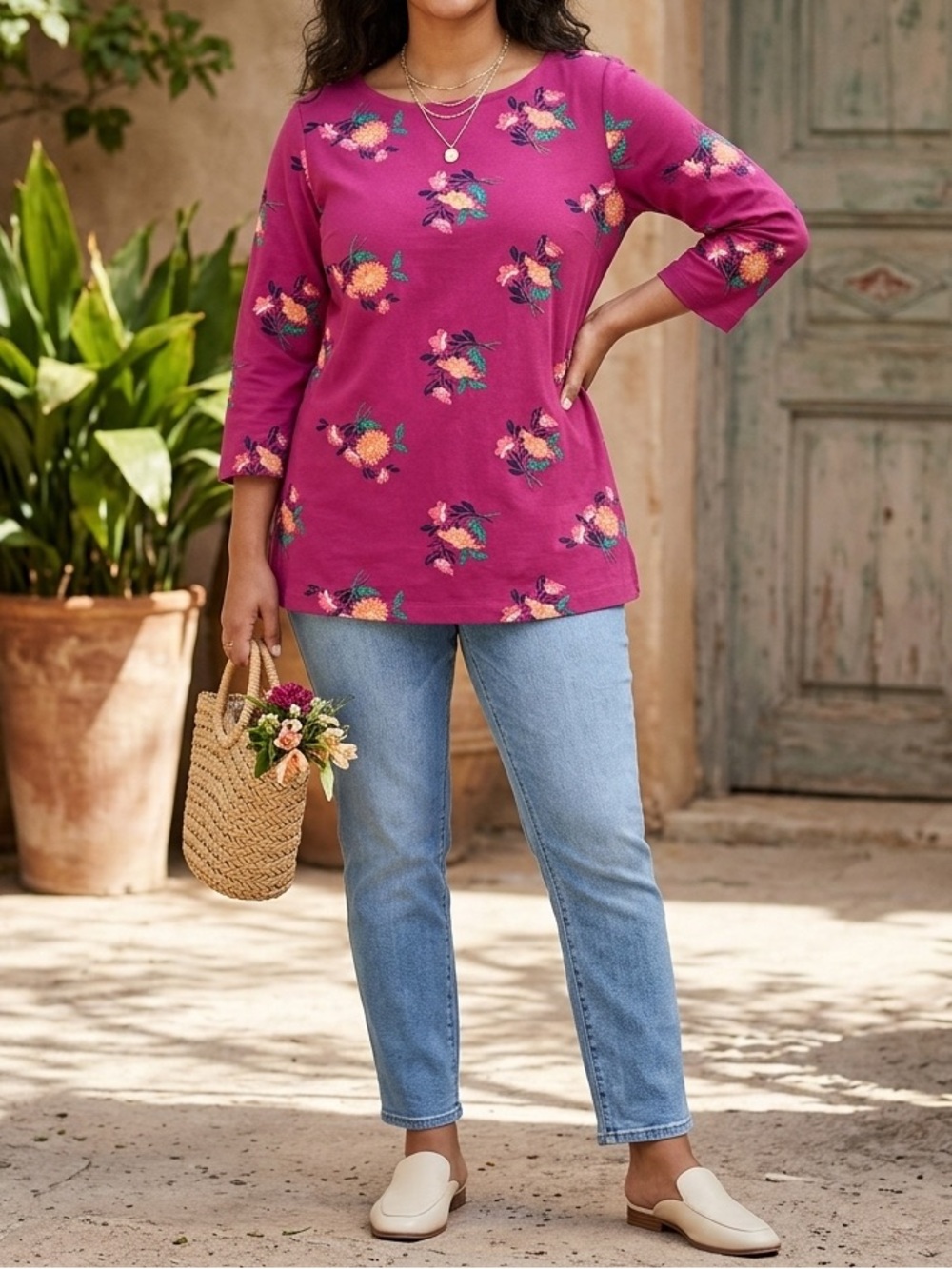 Croft & Barrow Floral Boatneck Top 3/4 Sleeve Magenta Pink Orange🩷
